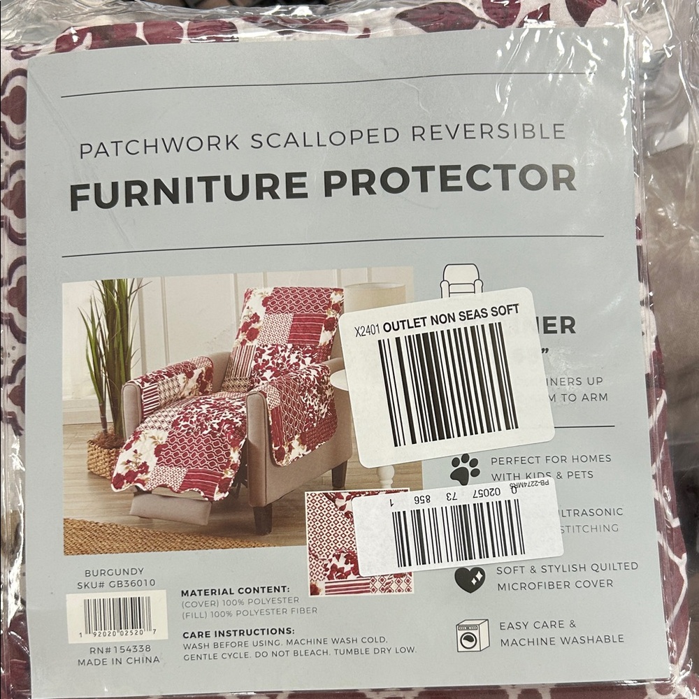 Patchwork Scalloped Reversible Furniture Protector - Burgundy